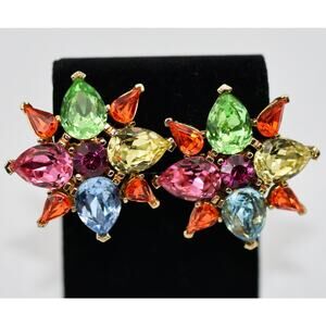 Vintage TODD ANTHONY Runway Czech Rhinestone Fruit Salad Crystal Clip Earrings